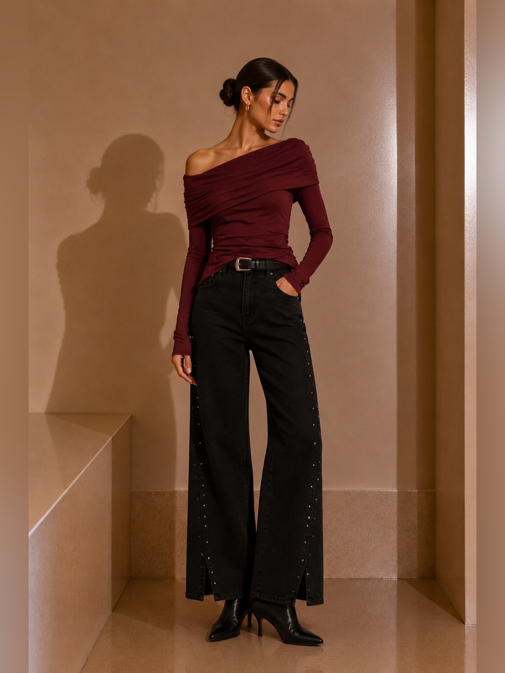 Commense Wine Off-Shoulder Long Sleeve Top